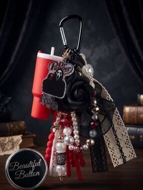 Custom made Red Dr Pepper junk ghost face Keychain Charm with Black Rose & Lace